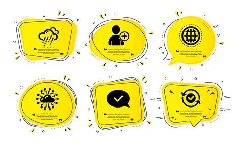 Approved message, Cloud network and Globe icons set. Add user, Rainy weather and Stock Illustration