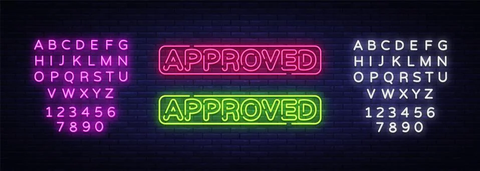 Approved neon text vector design template. Approved neon sign, light banner Illustrazione stock