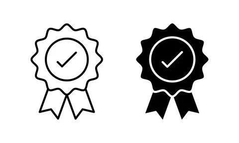Approved quality badge icons with check mark in outline and solid styles Stock Illustration