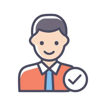 Approved user icon. Smiling man in a shirt with a checkmark, symbolizing ap.. Stock Illustration