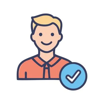 Approved user icon. Smiling man icon with blue checkmark, indicating approv.. Stock Illustration