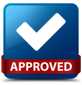 Approved (validate icon) blue square button red ribbon in middle Stock Illustration
