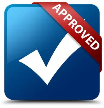 Approved (validate icon) blue square button red ribbon in corner Stock Illustration