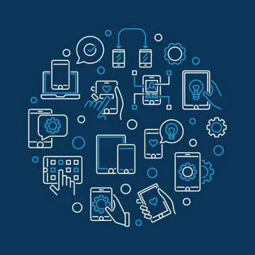 Apps and Mobile App development vector round line illustration Stock Illustration