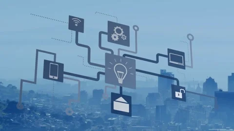 App's clean menu set against a smoggy cityscape, offers easy navigation. Stock Footage 328087347
