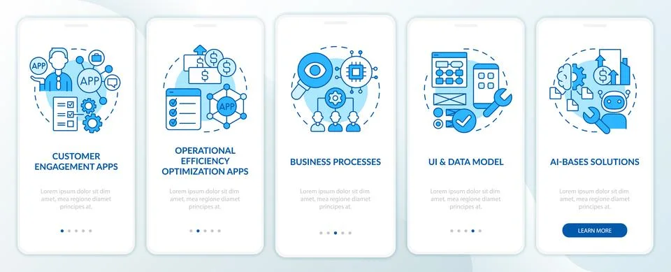 Apps created with low code platform blue onboarding mobile app screen Stock Illustration