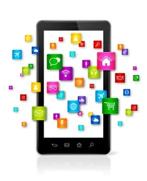 Apps icons flying around mobile phone Stock Illustration