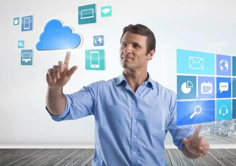 Apps interfaces and Businessman touching air in front of city Stock Photos