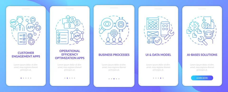 Apps with low code blue gradient onboarding mobile app screen Stock Illustration