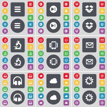 Apps, Media skip, Dropbox, Microscope, Smartphone, Message, Headphones, Cloud, G Stock Illustration