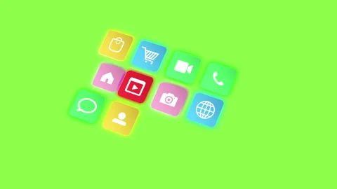 Apps of the mobile phone on green screen. Internet, multimedia, shop Stock Footage 228763198