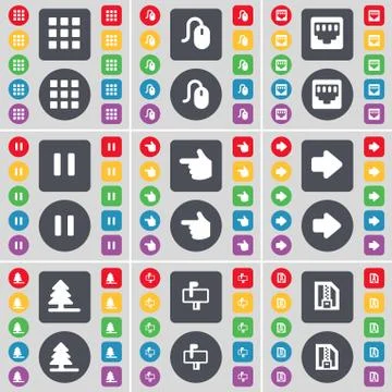 Apps, Mouse, LAN socket, Pause, Hand, Arrow right, Firtree, Mailbox, ZIP file ic Illustrazione stock