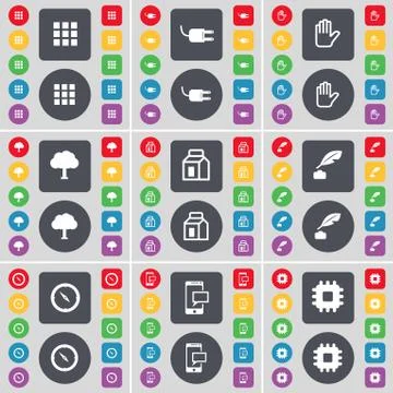 Apps, Socket, Hand, Tree, Packing, Ink pot, Compass, SMS, Processor icon symbol. Illustrazione stock