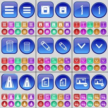 Apps, Switch, One, Trash can, Pencil, Arrow down, Road, Text file, Picture. A la Stock Illustration