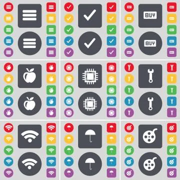 Apps, Tick, Buy, Apple, Processor, Wrench, Wi-Fi, Umbrella, Videotape icon symbo 스톡 일러스트