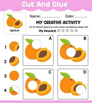 Apricot Cut and Match Vector Worksheet, Preschool Learning Activity with Na.. Illustrazione stock