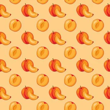Apricot fruit flat seamless pattern on orange background. Illustrazione stock
