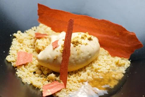 Apricot ice cream with elderberry in a black bowl Фото