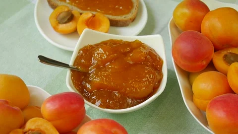 Apricot jam on the table. 스톡 동영상 301863369