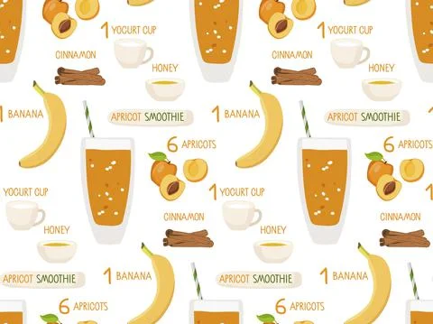 Apricot smoothie recipe seamless pattern. Glass with Apricot liquid and Stock Illustration