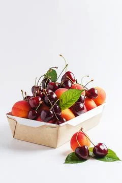 Apricots and cherries in paper packaging on a white background. Stock Photos