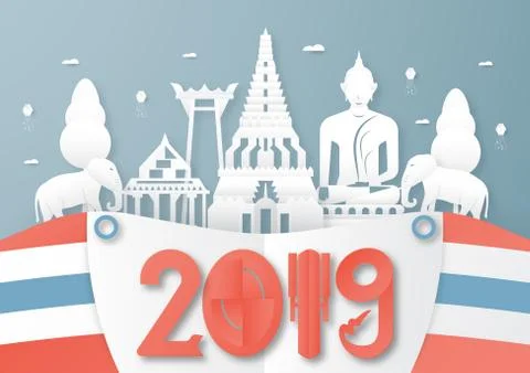 April 03, 2019: Top famous landmark and building of Thailand country for trav Stock Illustration