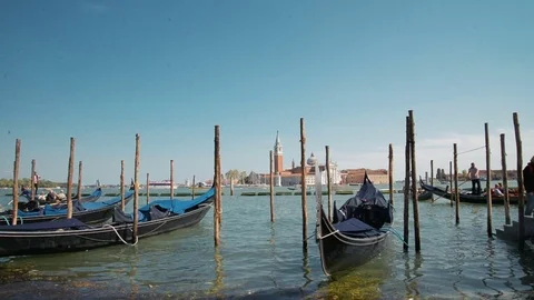 April 2017 - Gondolas and view to Chiesa di San Giorgio Maggiore Church of San Stock Footage 76845787