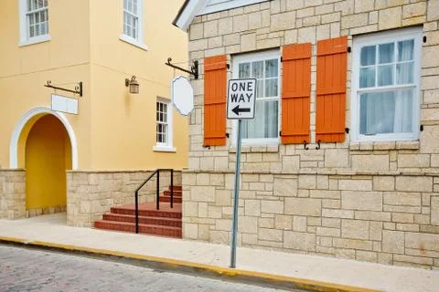 April, 2017, St Audustine, Florida, USA, retro buildings, the orange shutters Stock Photos