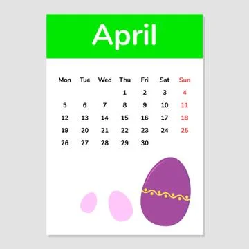 April 2021 calendar sheet with easter egg illustration. Stock Illustration