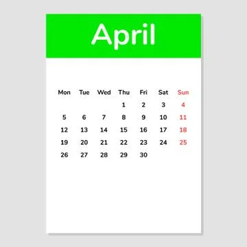 April 2021 calendar sheet. Vector illustration. Isolated on white. Illustrazione stock