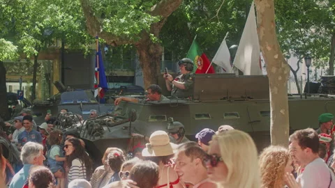 April 25th parade at Avenida da Liberdade, Lisbon, medium shot of tanks Stock Footage 240635577