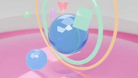 April 29 2026 Abstract 3D Pastel Spheres Torus Rings Pink Background Stock-Illustration