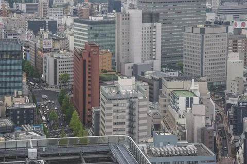 April 29 2026 Dense Sendai residential cityscape from above Fotos Stock