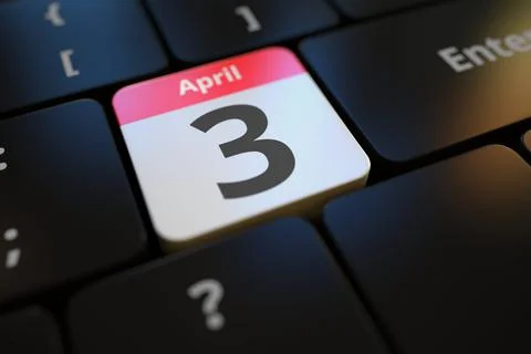 April 3 date on a keyboard key, 3d rendering Illustrazione stock