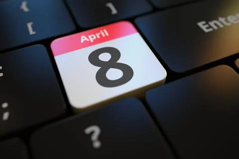 April 8 date on a keyboard key, 3d rendering Illustrazione stock