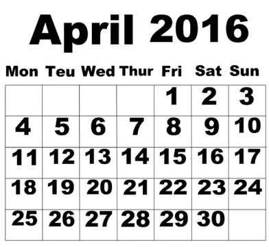 April Calendar 2016 Stock Illustration
