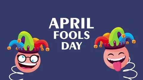 April fools day animation with funny faces wearing jester hats jumping on s.. Stock Footage 334530606
