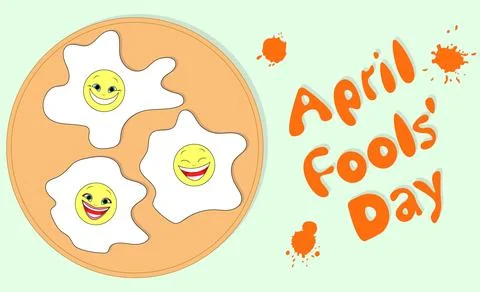 April Fool's Day. Fried egg emoticons on an orange plate. Light green backgr Stock Illustration