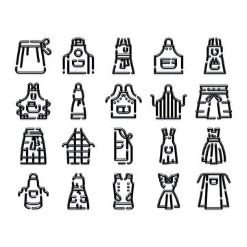 Apron uniform clothing kitchenware workwear black line icons Stock Illustration