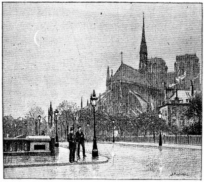 The apse of Notre Dame seen from St. Louis bridge, vintage engraving. Illustrazione stock