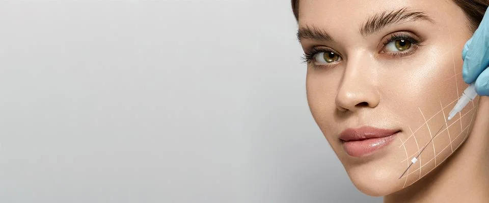 Aptos thread lifting for female face. Woman's face, advertisement lifting t.. Stock Photos