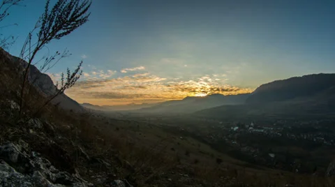 Apuseni mountains valley sunset time lapse fish eye HD Stock Footage 34662447