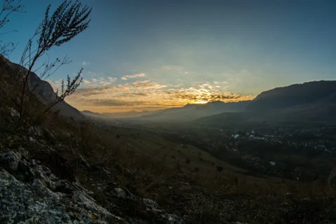 Apuseni Mountains valley sunset time lapse fish eye 6K Video stock 34662681