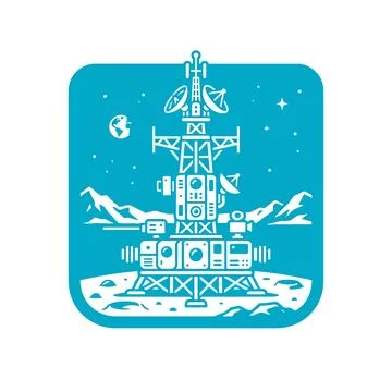 Aqua blue lunar base with communication towers and earth in a starry sky. 库存插图