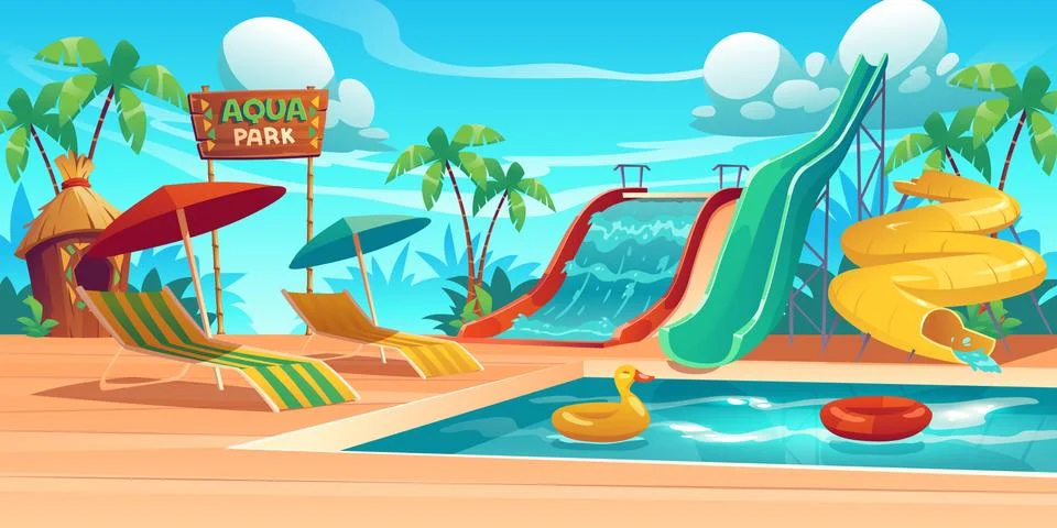 Aqua park with swimming pool and water slides Stock Illustration