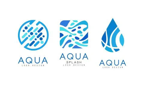 Aqua Splash Logo Design Set, Clear Water Natural Blue Badges, Labels Vector 스톡 일러스트