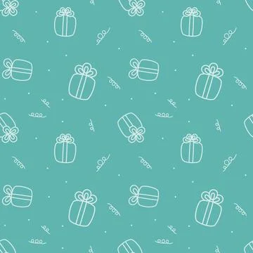 Aquamarine seamless pattern with cute gift boxes. Cartoon, vector Stock Illustration
