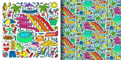Aquapark objects doodle set and seamless pattern Stock Illustration