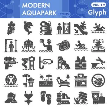 Aquapark solid icon set, Swimming pool symbols collection or sketches. Water イラスト素材