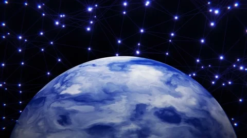 Aquaplanet with moving blue star plexus pattern looping 3D animation Stock-Footage 166669956